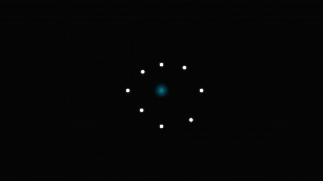 Minimalist ring of eight small glowing dots surrounding a central blue core