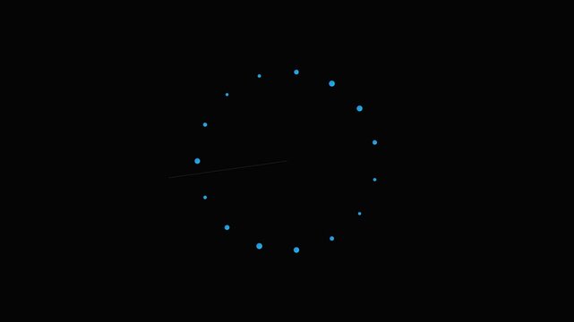 Minimalist clock face with glowing blue hour markers on a black background
