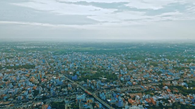 4K Aerial Top down Buildings and Apartment with Multiple Building aerial. Urban Buildings and Apartment at bridge road at Delhi. Cinematic cityscape drone shot. Noida Buildings.