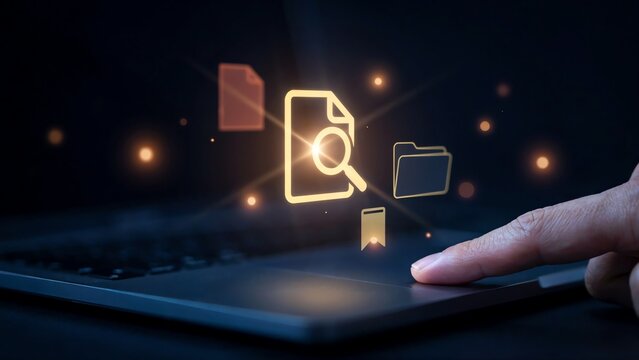 Digital document management and online data search concept with hand using laptop trackpad and glowing file folder icons on background.