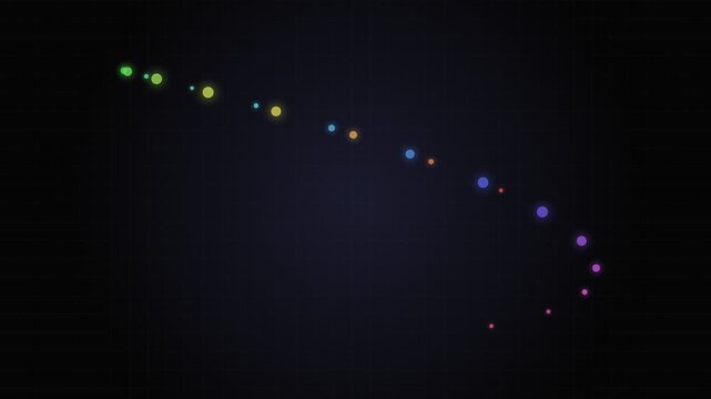 A sequence of colorful glowing dots arranged in a gentle curved trajectory