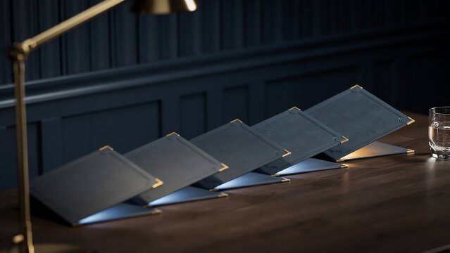 Elegant luxury blue leather folders with gold corners arranged on a wooden office desk in a professional corporate business setting.