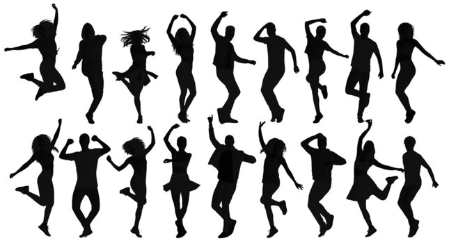 Silhouettes of people dancing in a line with arms raised