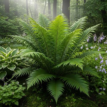 Close up of lush green fern leaves in forest.