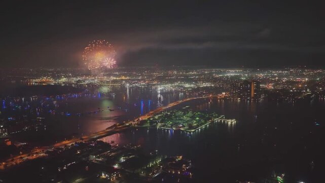 aerial view of fireworks over Jerry Thomas Memorial Bridge