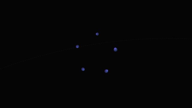 Five glowing blue spheres arranged in a perfect pentagonal shape on black