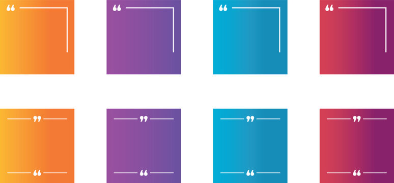 Quote box template set with colorful gradient backgrounds. Text frame with quotation marks for social media post, banner, and testimonial design concept vector illustration