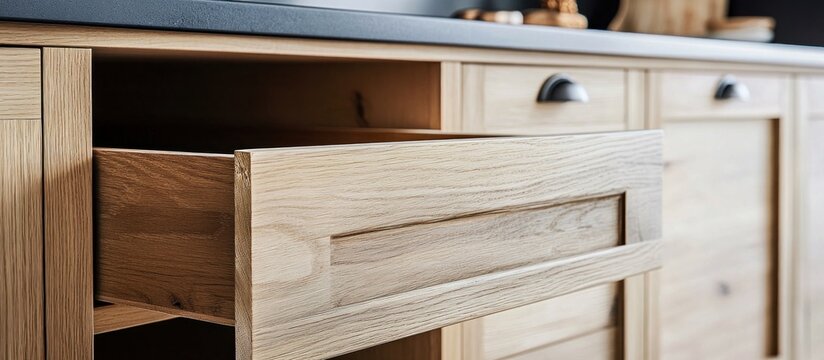 Open Wooden Kitchen Drawer in Modern Cabinetry with Black Countertop
