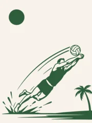 Beach volleyball scene in green vector style featuring a male player diving for the ball with motion lines, a palm tree, and a sun in a stylized coastal setting. © SyedIstaqbal