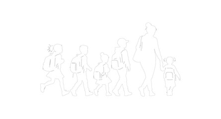 Obraz premium Minimal style line drawing school kids, Side view, set of graphics children student and teacher walking outline symbol for education concept design. Vector illustration. 