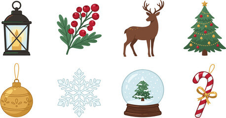 Naklejka premium Christmas Winter Holiday Vector Clipart Set with Vintage Lantern, Holly Berries, Reindeer, Decorated Tree, Golden Bauble, Snowflake, Snow Globe, and Candy Cane