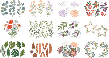 Elegant hand drawn botanical floral element collection with leaf flower branch wreath vector illustration template © Rumi