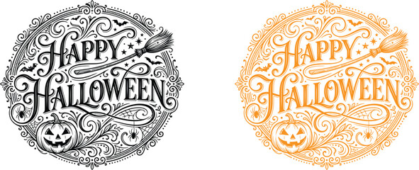 Happy halloween ornate lettering designs black orange vector graphics © RaselAhmed