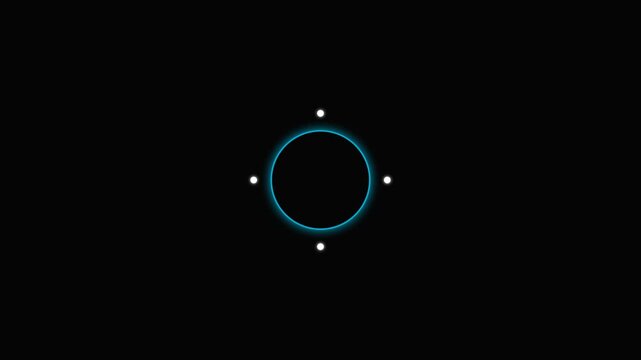 A glowing blue neon circle frame surrounded by four small white dots in dark