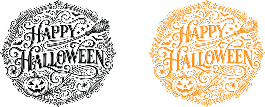 Happy halloween ornate lettering designs black orange vector graphics