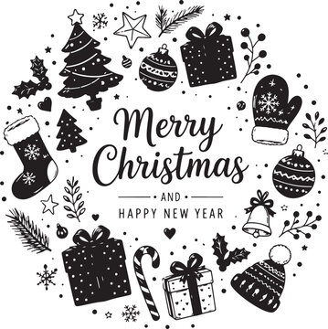 Merry Christmas and Happy New Year greeting card with hand drawn decorations Vector