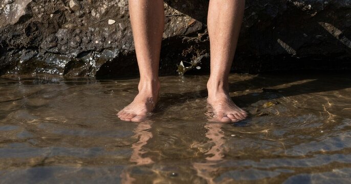 Person standing in the water with bare feet, relaxed on a natural background
