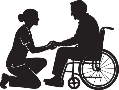 Black silhouette of a nurse holding hands with a patient in wheelchair Vector