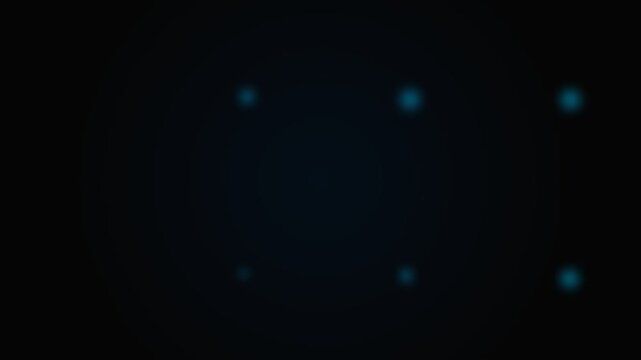 A minimalist arrangement of six glowing blue light points on black background