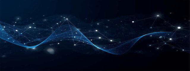 Abstract dark blue glowing digital network wave with connected particles, wireframe mesh and cyber communication background © Vactor Viky
