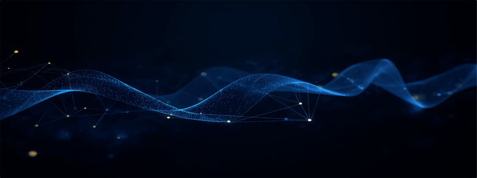 Abstract dark blue futuristic digital network background with glowing particles, wireframe waves and cyber data flow