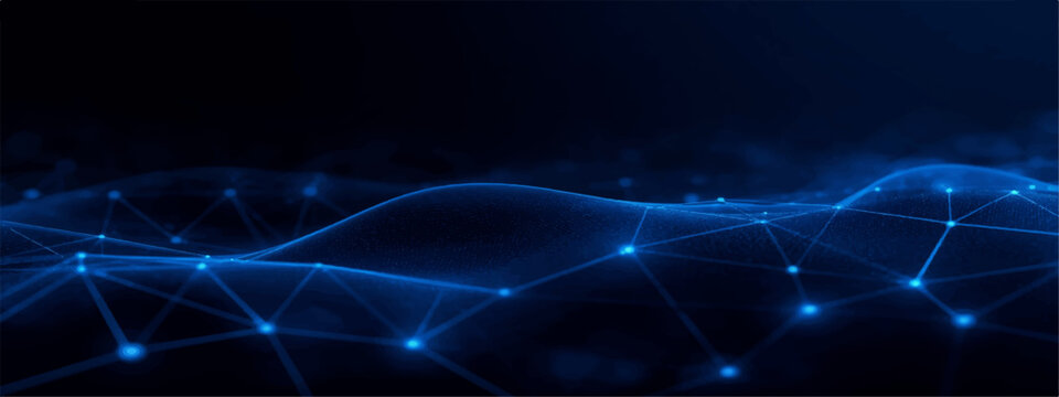 Abstract blue digital technology background featuring luminous network nodes, flowing mesh and futuristic data visualization