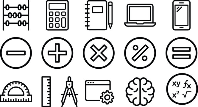 Mathematics and Education Line Icon Set Featuring Math Symbols Science Geometry Tools and Digital Learning Concept Elements