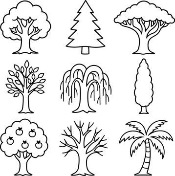 Outline set of different tree types including pine willow palm and apple tree