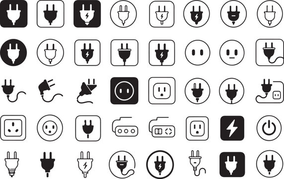 Set of black and white electric plug and power outlet vector icons Vector