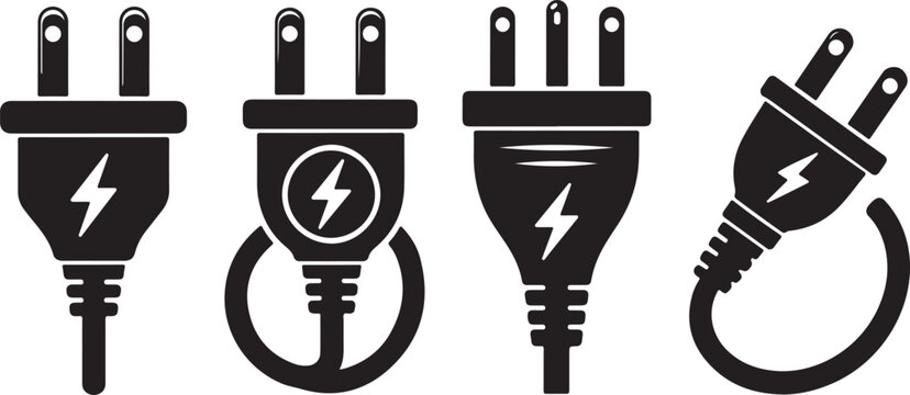 Set of black electrical plug icons with lightning bolt symbols Vector