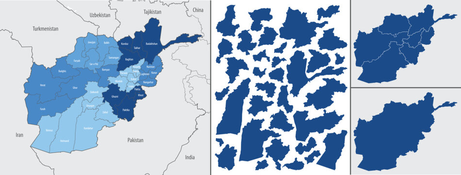 Detailed vector blue map of the Afghanistan with administrative division into provinces of the country