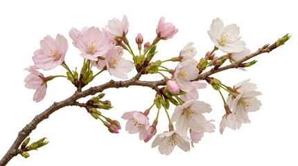Naklejka premium delicate pink cherry blossom branch with buds and leaves on a transparent background.