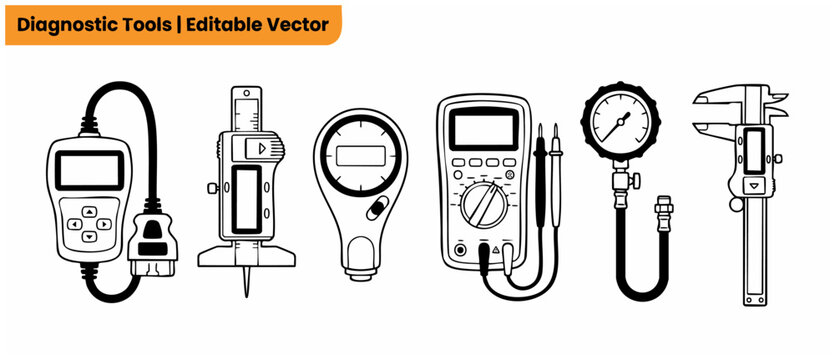 Diagnostic tools vector icon set featuring OBD2 scanner multimeter tire pressure gauge and digital caliper line art illustrations for automotive repair garage service and technical measuring equipment
