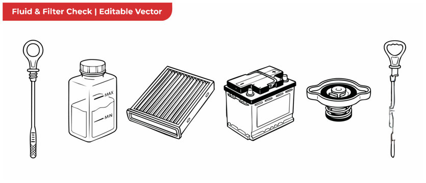 Car maintenance fluid filter icons set showing engine oil dipstick, radiator cap, automotive battery, cabin air filter, and brake fluid bottle for vehicle service checklist graphic illustration.