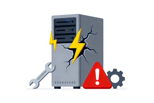 Damaged computer tower with tools