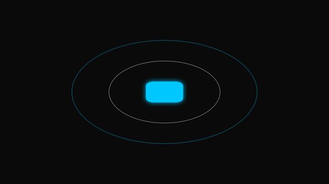 A glowing blue rectangle surrounded by concentric elliptical orbital lines