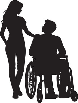 Woman standing beside a man sitting in a wheelchair silhouette Vector