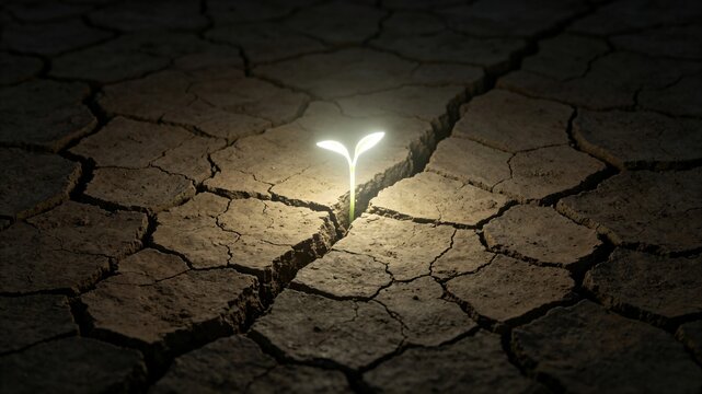 Glowing sprout emerging from cracked earth