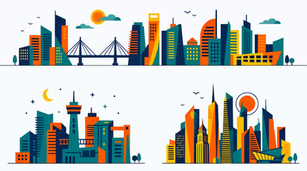 Obraz premium Flat Vector City Skyline Collection with Modern Architectural Shapes, Abstract Urban Landscapes Featuring Skyscrapers and Suspension Bridge, Minimalist Design Elements for Infographics and Web