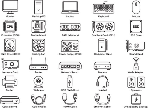 Set of computer hardware and digital device line art icons collection Vector