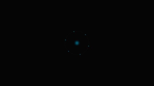 A glowing blue atom model featuring a central nucleus and orbiting electrons