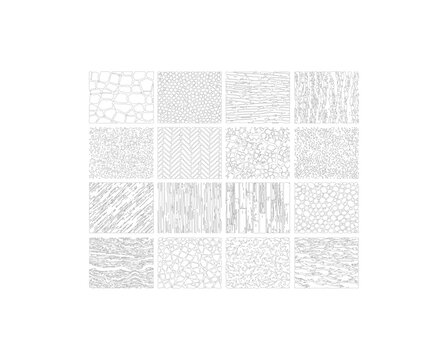 Minimal style CAD surface hatch pattern line drawing, Set of stone, brick, wood, gravel and paving texture symbols for architecture landscape design. Vector illustration