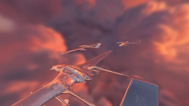 Metallic military drones flight through red sunset clouds in a 3D render showing Ukrainian trident emblems on wings
