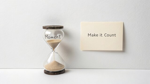 Glass hourglass displaying sand with note reminding to make moments count and value the present time in life
