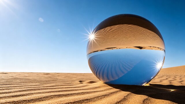 Glass sphere reflecting desert dunes under blue sky