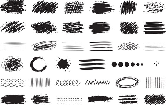 Collection of black hand drawn pencil and ink brush strokes and shapes Vector