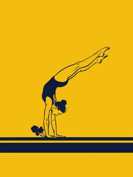 High-contrast silhouette of a female athlete executing a precise handspring maneuver on a professional gymnastics mat with a yellow background