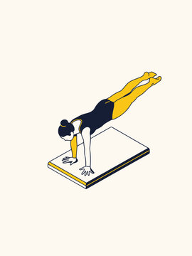 Isometric digital illustration of a female gymnast performing a handspring on a white mat, showing athletic form and perspective against a plain background