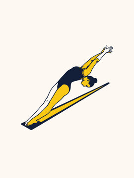Graphic illustration of an athlete performing a graceful back-bend on a balance beam, symbolizing precision and physical flexibility in a minimalist blue and yellow style.