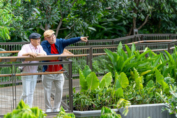 Couple Asian lover of lgbt stand together in the walkway in public park and one man point to the right and they look happiness to relax together in big city.